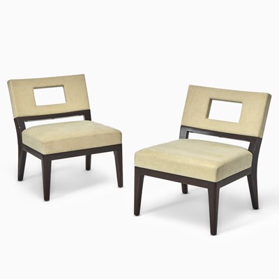 Lot 450 - Pair of Christian Liaigre for Holly Hunt Upholstered Walnut Stained Slipper Chairs