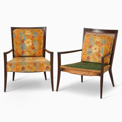 Lot 352 - Pair of Harvey Probber Caned and Upholstered Dark Stained Wood Lounge Chairs