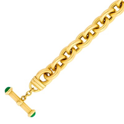 Lot 1007 - Gold and Green Onyx Link Bracelet with Toggle Clasp