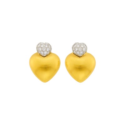 Lot 13 - Marlene Stowe Pair of Gold, Platinum and Diamond Heart Earclips