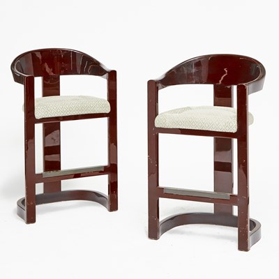 Lot 311 - Pair of Karl Springer Upholstered Walnut "Onassis" Bar Stools
