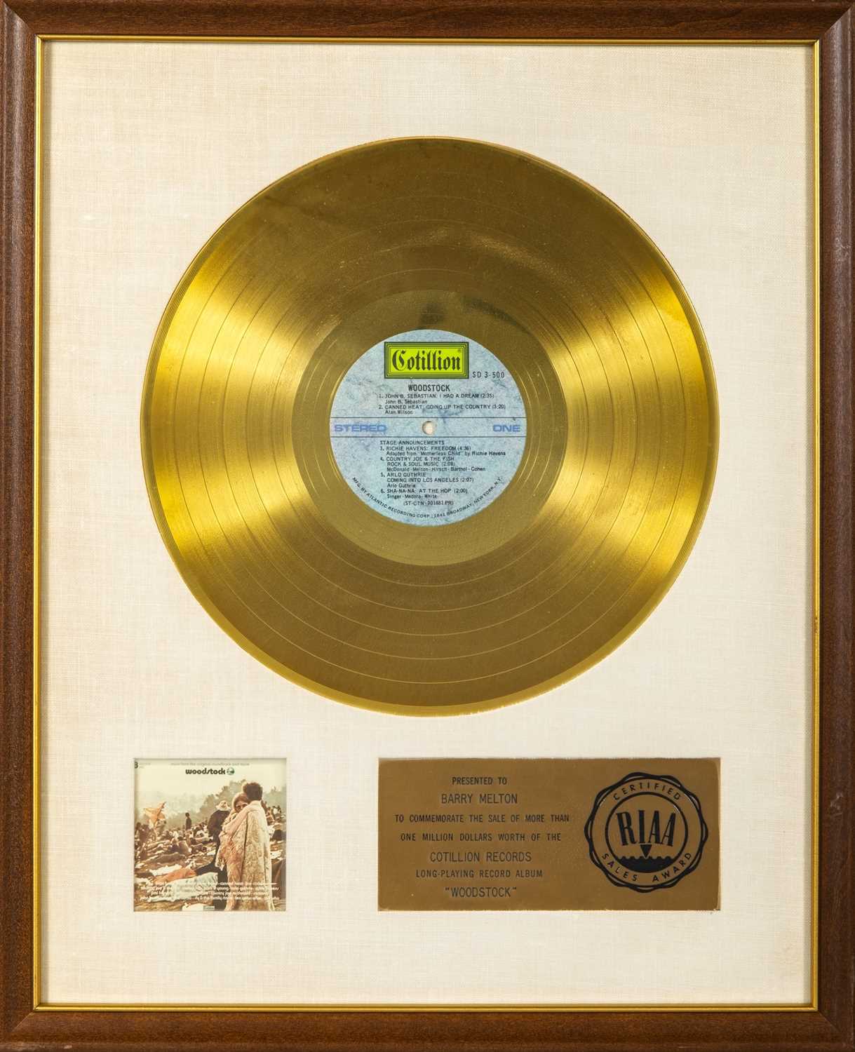 Lot 196 - Woodstock Gold Record presented to Barry Melton