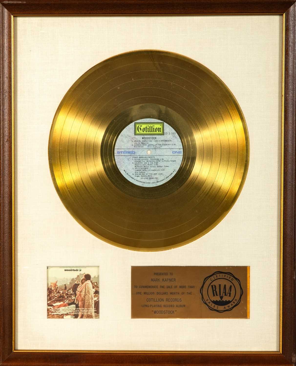 Lot 205 - Woodstock Gold Record presented to Mark Kapner