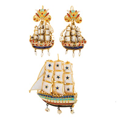 Lot 1120 - Antique Gold, Enamel and Freshwater Pearl Ship Objet and Pair of Earclips
