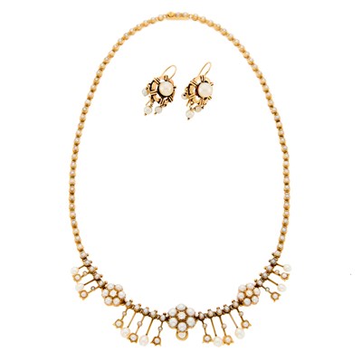Lot 1128 - Antique Gold, Pearl and Diamond Necklace and Pair of Earrings