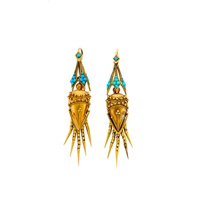 Lot 1115 - Pair of Antique Gold and Turquoise Pendant-Earrings