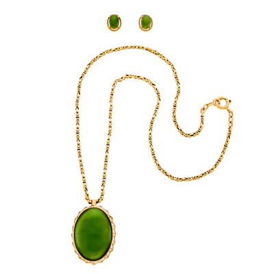 Lot 1212 - Gold and Nephrite Pendant-Brooch with Chain Necklace and Pair of Earrings