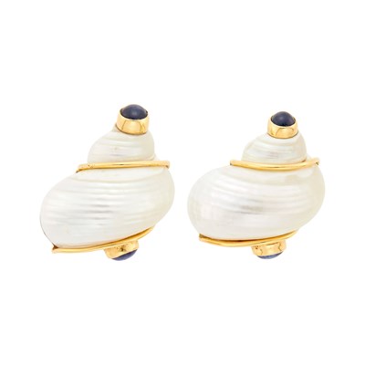 Lot 1034 - Seaman Schepps Pair of Gold, Shell and Cabochon Sapphire 'Turbo' Shell Earclips