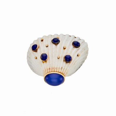 Lot 1036 - Maz Gold, Shell, and Blue Chalcedony Brooch