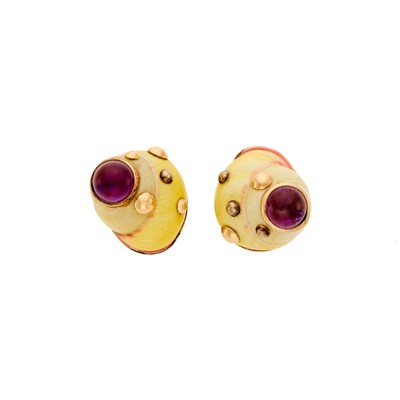 Lot 1207 - Maz Pair of Gold, Shell and Cabochon Amethyst Earclips