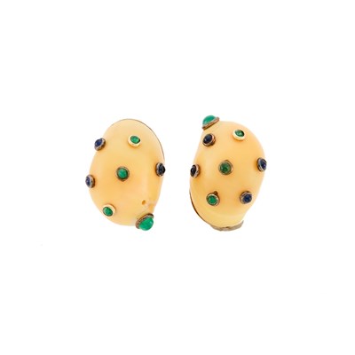 Lot 1191 - Maz Pair of Gold, Shell and Cabochon Emerald and Sapphire Earclips