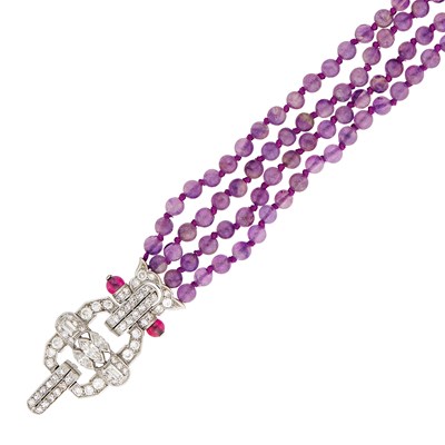 Lot 56 - Four Strand Amethyst Bead Bracelet with Platinum, Diamond and Ruby Bead Clasp