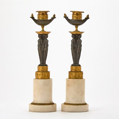 Lot 243 - Pair of Louis XVI Style Gilt and Patinated Bronze and White Marble Candlesticks