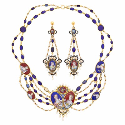 Lot 44 - Antique Reversible Gold, Painted and Blue Enamel and Seed Pearl Swag Necklace and Pair of Pendant-Earclips