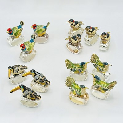 Lot 1199 - Set of Fourteen Hans Turnwald Enamel and Rhinestone Decorated Bird Napkin Rings