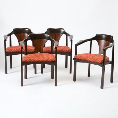 Lot 362 - Set of Four Edward Wormley for Dunbar Upholstered Stained Wood "Model 935" Armchairs