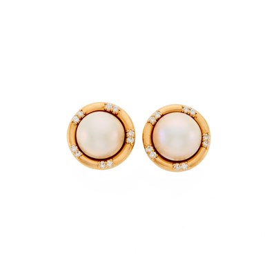 Lot 1245 - Pair of Gold, Mabé Pearl and Diamond Earrings