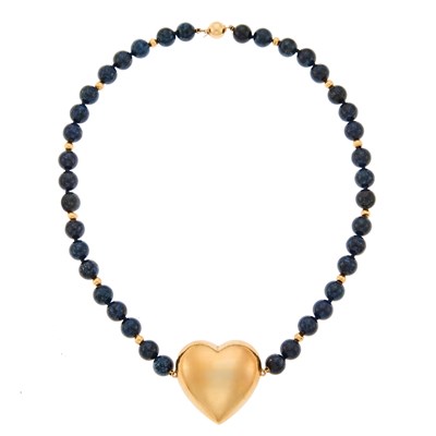 Lot 1035 - Gold, Gold Bead and Lapis Bead Pendant-Necklace