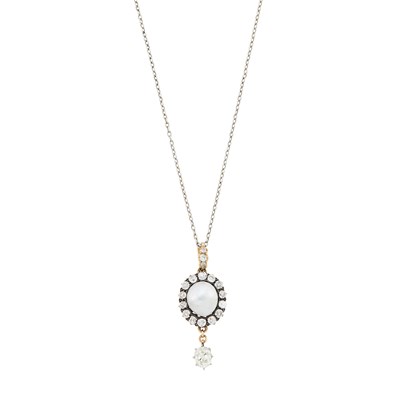 Lot 63 - Anitque Silver, Gold, Baroque Blister Pearl and Diamond Pendant with Platinum Chain Necklace