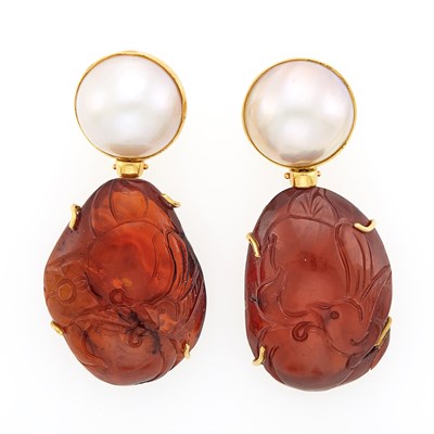 Lot 1158 - Pair of Gold, Mabé Pearl and Carved Amber Pendant-Earclips