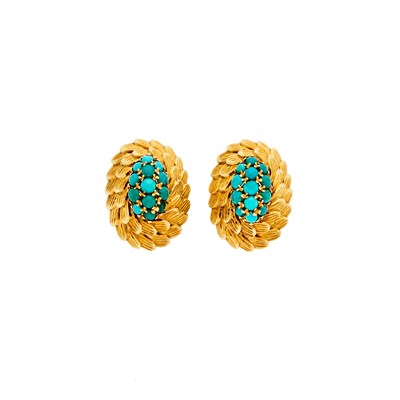 Lot 1016 - Pair of Gold, Turquoise and Diamond Earclips