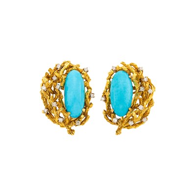 Lot 82 - Pair of Gold, Turquoise and Diamond Earclips