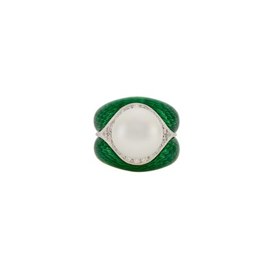 Lot 1199 - Gold, Green Enamel, Freshwater Cultured Pearl and Diamond Ring
