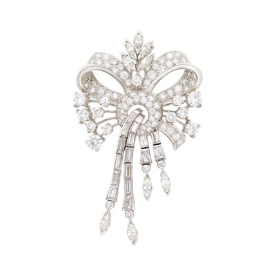 Lot 59 - Platinum and Diamond Bow Pendant-Brooch
