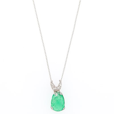 Lot 1088 - Platinum, Cabochon Emerald and Diamond Pendant with White Gold Chain Necklace