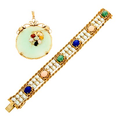 Lot 1214 - Gold, Cultured Pearl and Cabochon Colored Stone Bracelet and Jade Disc Pendant