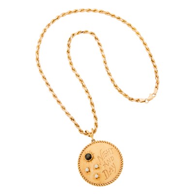 Lot 1178 - Gold, Gem-Set and Cultured Pearl Disc Pendant with Chain Necklace