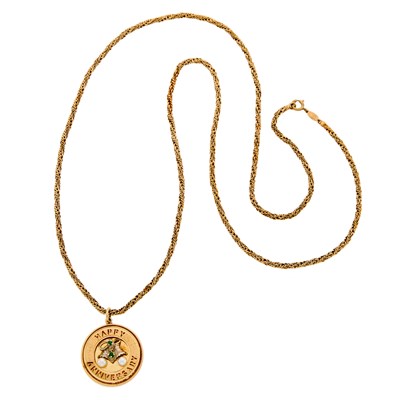 Lot 1209 - Gold 'Happy Anniversary' Pendant with Long Chain Necklace
