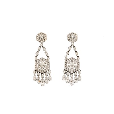 Lot 1067 - Pair of White Gold and Diamond Pendant-Earrings