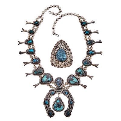 Lot 1305 - Silver and Turquoise Squash Blossom Necklace and Pin