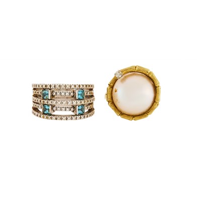 Lot 1274 - Two Gold, White Gold, Mabé Pearl, Blue Topaz and Diamond Rings