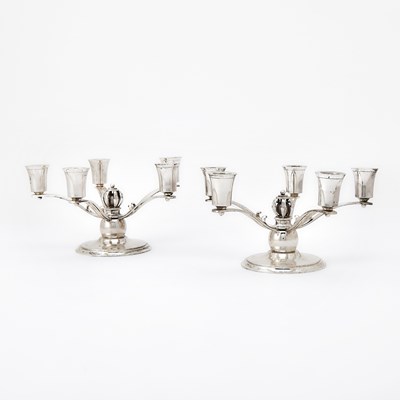 Lot 295 - Pair of Danish Sterling Silver Five-Light Candelabra