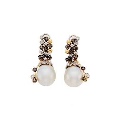 Lot 1096 - Pair of Two-Color Gold, Baroque Freshwater Cultured Pearl, Colored Diamond and Diamond Pendant-Earrings