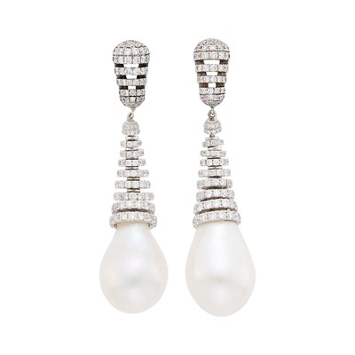 Lot 78 - Pair of White Gold, Diamond and Freshwater Cultured Pearl Pendant-Earrings