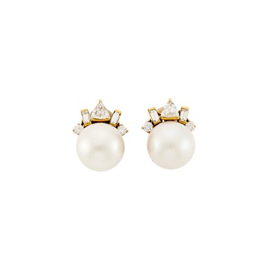 Lot 1050 - Pair of Gold, Freshwater Cultured Pearl and Diamond Earclips