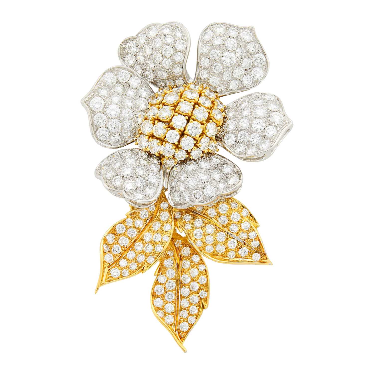Lot 136 - Two-Color Gold and Diamond Flower Clip-Brooch