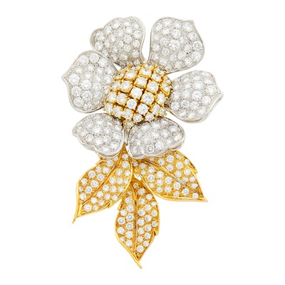Lot 136 - Two-Color Gold and Diamond Flower Clip-Brooch