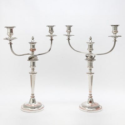Lot 581 - Pair of Regency Style Silver Plated Two-Light Candelabra