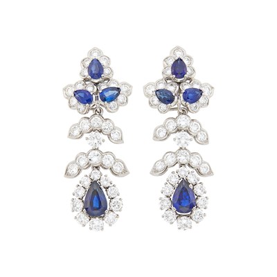 Lot 175 - Tiffany & Co. Pair of Platinum, Sapphire and Diamond Pendant-Earclips