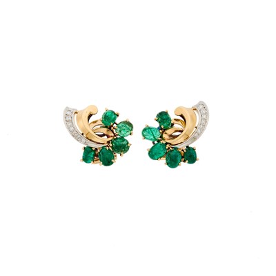 Lot 1256 - Trabert and Hoeffer, Mauboussin Pair of Rose Gold, Platinum, Cabochon Emerald and Diamond Earclips