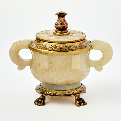 Lot 494 - A Chinese White Jade Twin-Handled Cup with Later Gilt Silver Mounts