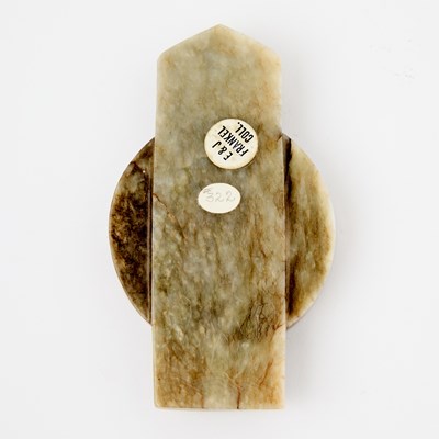 Lot 14 - A Chinese Archaistic Mottled Jade Ceremonial Blade and Disc, Bi