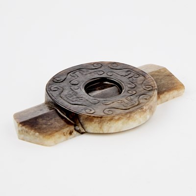 Lot 14 - A Chinese Archaistic Mottled Jade Ceremonial Blade and Disc, Bi