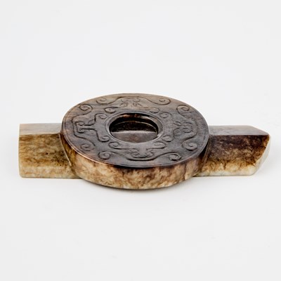 Lot 14 - A Chinese Archaistic Mottled Jade Ceremonial Blade and Disc, Bi