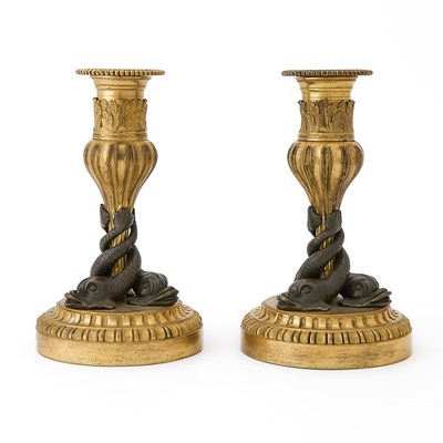 Lot 327 - Pair of Charles X Gilt and Patinated Bronze Candlesticks