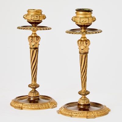 Lot 331 - Pair of Louis XVI Style Gilt and Patinated Bronze Candlesticks